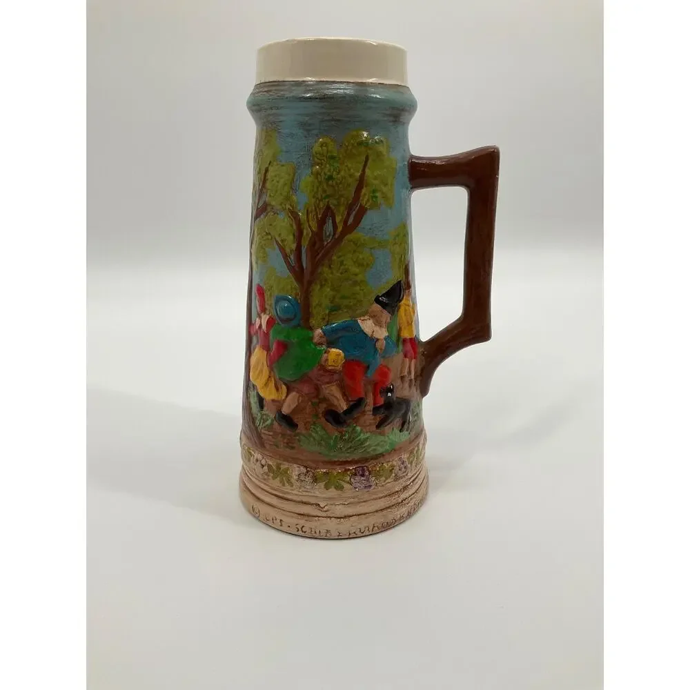Vintage Beer Stein Les Schirz Kurhaus German Style Raised Relief Folk Ceramic